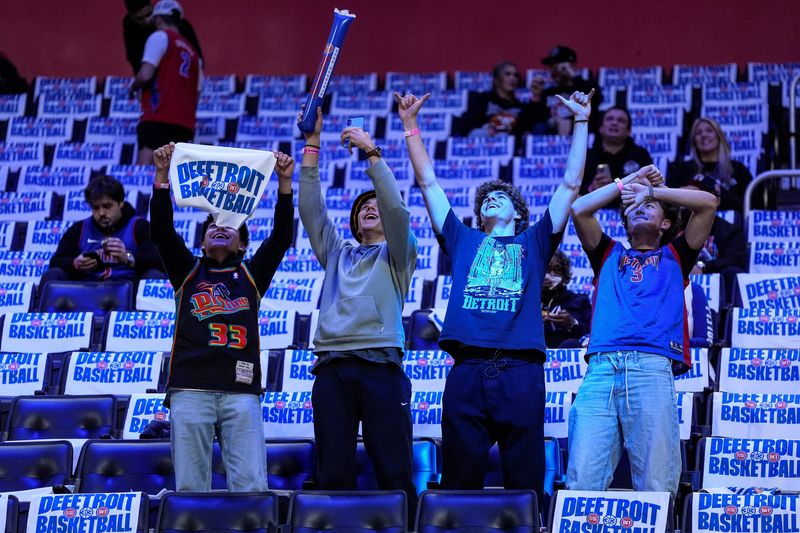 Detroit Pistons fans cheer on during warm up ahead of Game 2 of second round of NBA playoffs between Detroit Pistons and Cleveland Cavaliers at Little Caesars Arena in Detroit on Thursday, May 7, 2026.