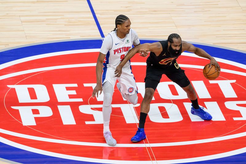 Detroit guard Ausar Thompson defends against Cleveland guard James Harden during the first quarter of game two of the NBA semifinals between the Detroit Pistons and the Cleveland Cavaliers on Thursday, May 7, 2026 at Little Caesars Arena, in Detroit.