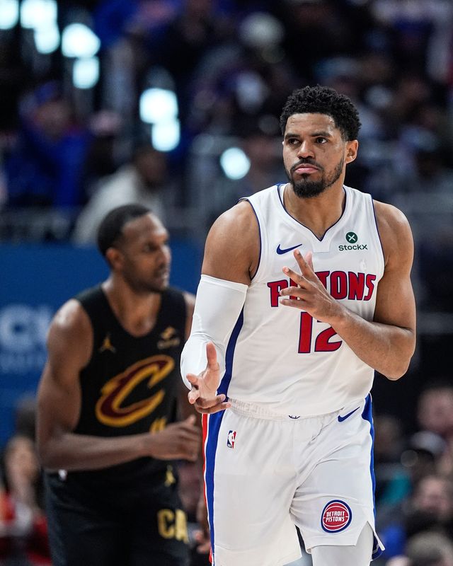 Detroit Pistons forward Tobias Harris celebrates a 3-point basket against the Cleveland Cavaliers during the second half of Game 2 of the second round of the NBA playoffs at Little Caesars Arena in Detroit on Thursday, May 7, 2026.