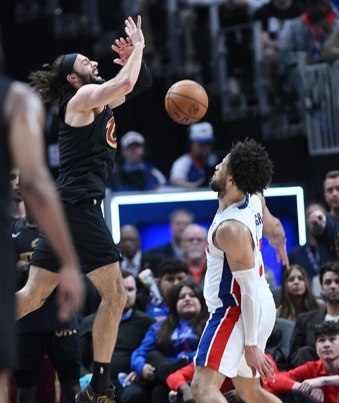 Detroit Pistons guard Cade Cunningham (2) knocks the from Cleveland Cavaliers guard/forward Max Strus (2) in the second half. Detroit Pistons vs Cleveland Cavaliers, Round 2, Game 2, at Little Caesars Arena on Thursday, May 7, 2026, in Detroit, Mich