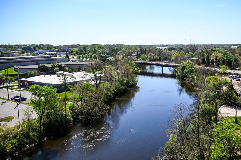 A view of the Grand River from Gentilozzi Real Estate's Tower on Grand building on Monday, May 4, 2026, in downtown Lansing.