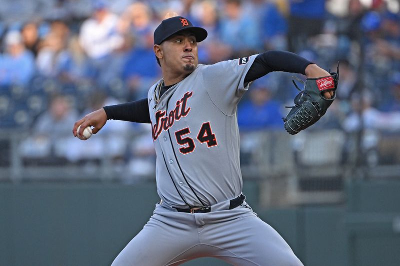 May 8, 2026; Kansas City, Missouri, USA; Detroit Tigers starting pitcher Keider Montero (54) throws a pitch in the first inning against the Kansas City Royals at Kauffman Stadium. Mandatory Credit: Peter Aiken-Imagn Images