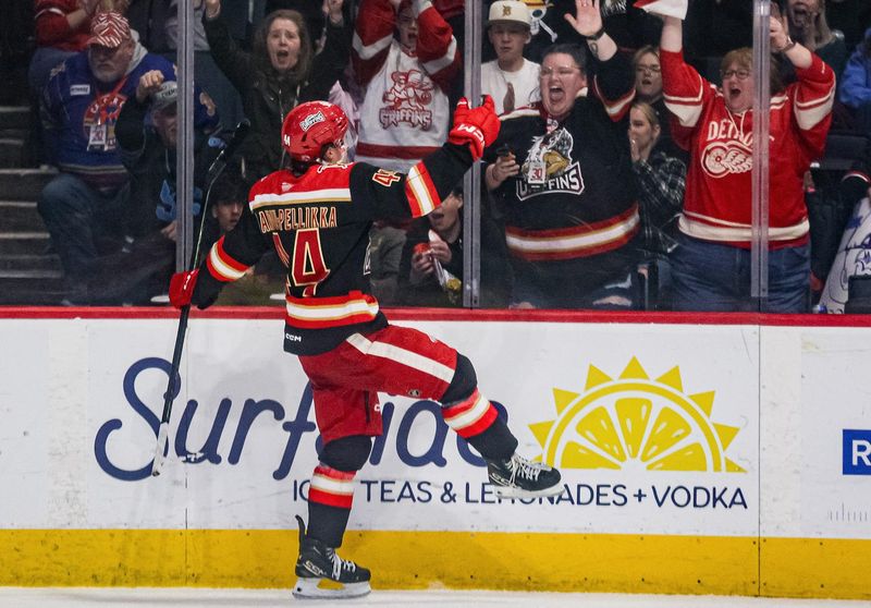 Grand Rapids defenseman Axel Sandin-Pellikka celebrates his highlight-reel goal against Manitoba in Game 4 of the Central Division semifinal in Grand Rapids.