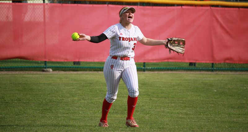 Monroe's Aly Lewis celebrates after making a play during a 7-0 and 13-1 St. Mary Catholic Central sweep on Friday, May 8, 2026.