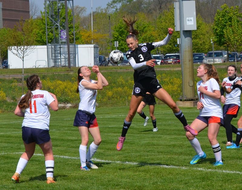 Lakeview's Abbigail Kline directs a header during the annual All-City Girls Soccer Tournament at Lakeview High School on Saturday, May 9.