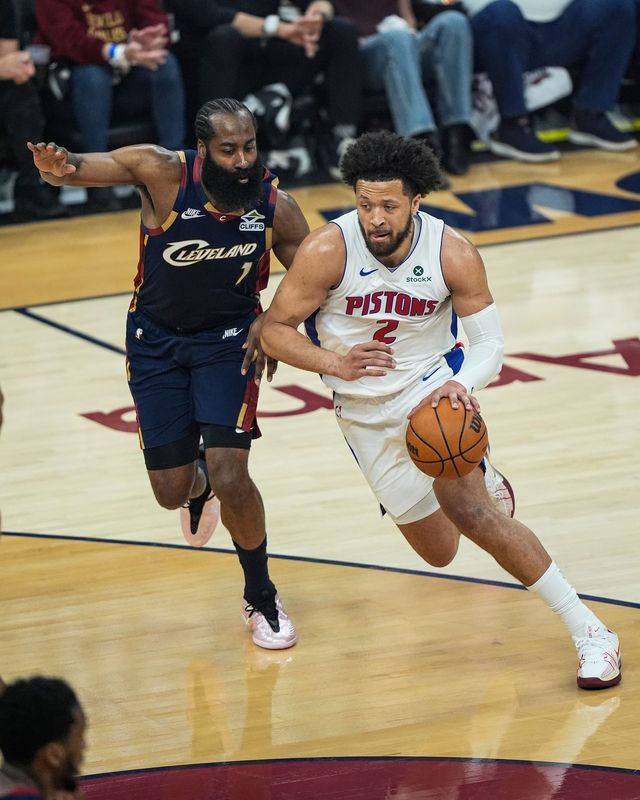 Detroit Pistons guard Cade Cunningham (2) dribbles against Cleveland Cavaliers guard James Harden (1) during the first half of Game 3 of second round of NBA playoffs at Rocket Arena in Cleveland on Saturday, May 9, 2026.