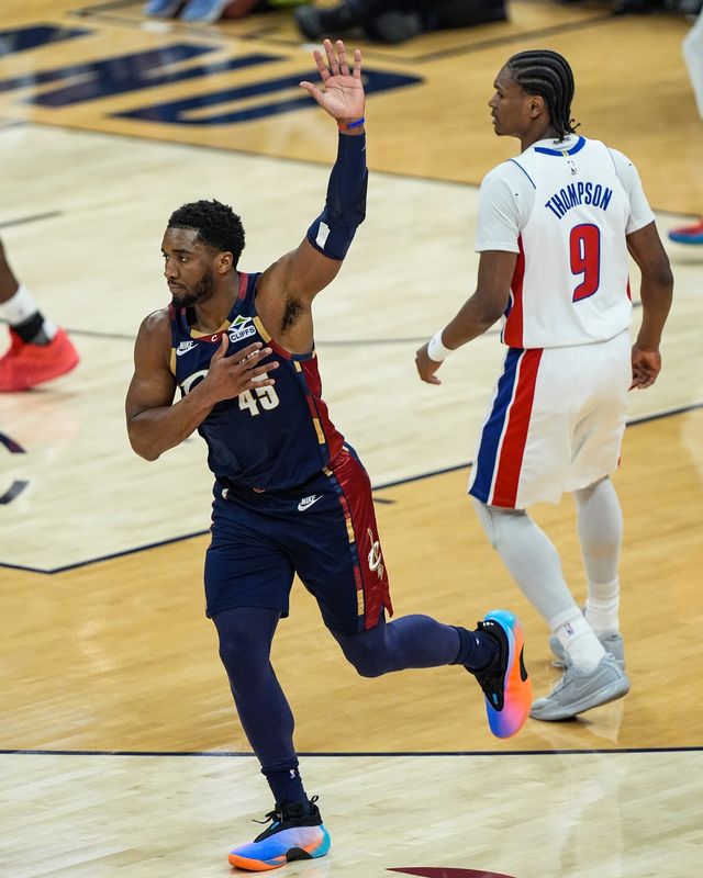 Cleveland Cavaliers guard Donovan Mitchell (45) celebrates a play against Detroit Pistons during the first half of Game 3 of second round of NBA playoffs at Rocket Arena in Cleveland on Saturday, May 9, 2026.