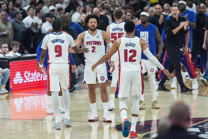Detroit Pistons guard Cade Cunningham (2) celebrates a play against Cleveland Cavaliers at a timeout during the second half of Game 3 of second round of NBA playoffs at Rocket Arena in Cleveland on Saturday, May 9, 2026.