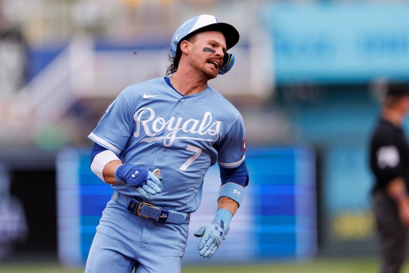 Royals shortstop Bobby Witt Jr. rounds the bases after hitting an inside-the-park home run during the first inning.