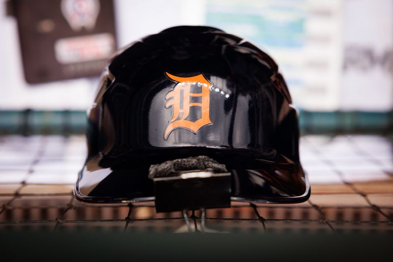 Detroit Tigers helmet hangs in the dugout prior to the game against the Kansas City Royals at Kauffman Stadium in Kansas City, Missouri, on Saturday, May 9, 2026.