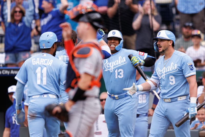 Kansas City Royals celebrate after shortstop Bobby Witt Jr. (7) hits an in park home run during the first inning against the Detroit Tigers at Kauffman Stadium in Kansas City, Missouri, on Saturday, May 9, 2026.