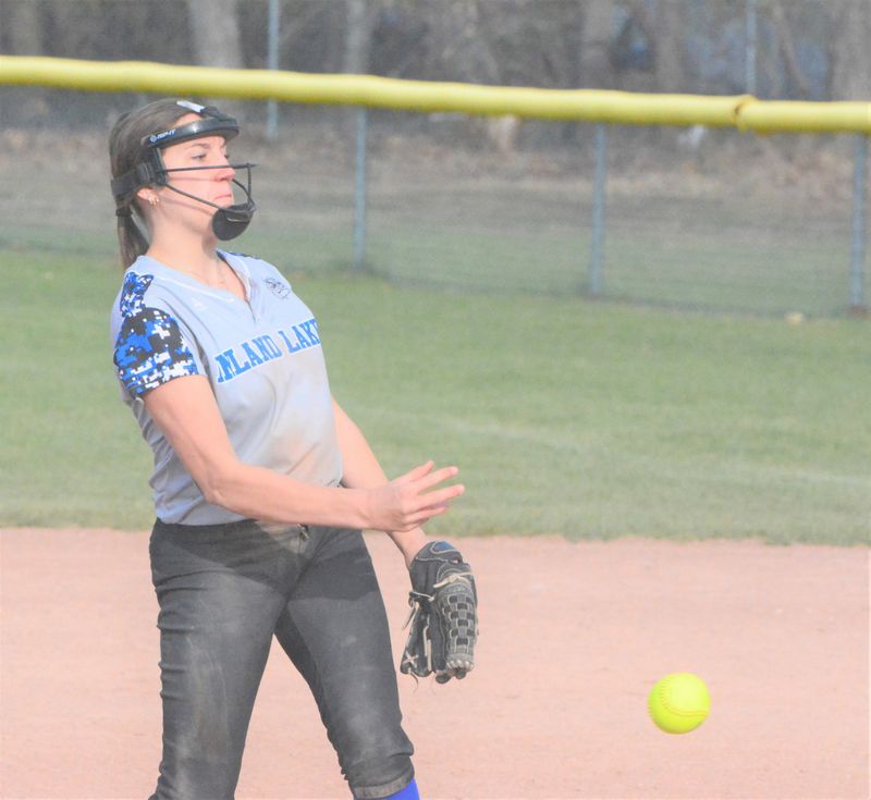 Inland Lakes freshman pitcher Azalia Carper fires during a softball game against Gaylord St. Mary at Cooperation Park on Friday, May 8. Carper showed just how impressive she's been in her first varsity season, reaching 100 strikeouts on the campaign last week.