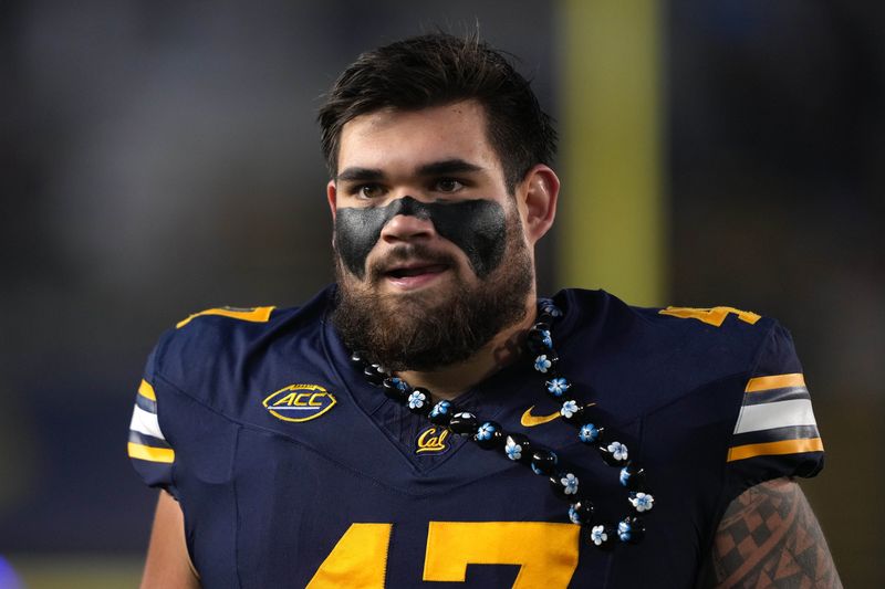 Nov 29, 2025; Berkeley, California, USA; California Golden Bears defensive lineman Aidan Keanaaina (47) before the game against the Southern Methodist Mustangs at California Memorial Stadium. Mandatory Credit: Darren Yamashita-Imagn Images