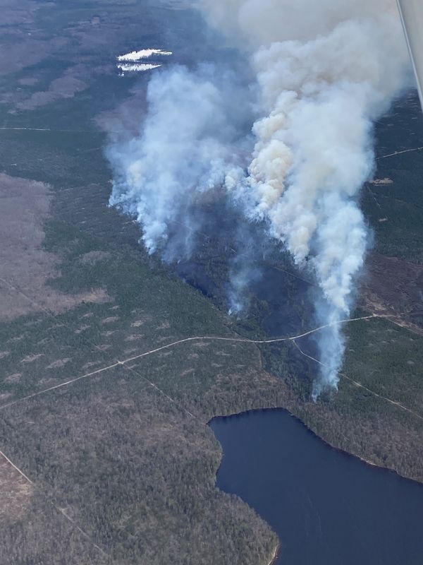 Aerial image of the wildfire in Presque Isle County on Sunday night, May 10.