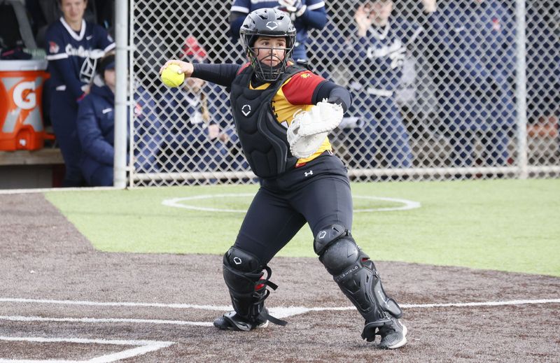 Dundee graduate Emily Killion looks to throw out a runner for the Ferris State University softball team during the 2026 season.