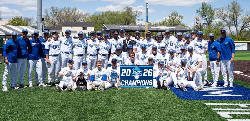 The Grand Valley State baseball team celebrates winning the GLIAC Tournament title on Sunday, May 10.