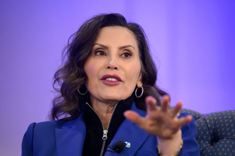 Governor Gretchen Whitmer participates in a Q&A during an annual luncheon with the membership of the Macomb County Chamber of Commerce at the Assumption Cultural Center, in St. Clair Shores, May 11, 2026.
