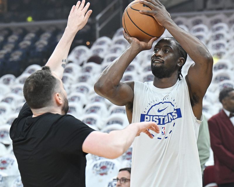 Detroit Pistons guard Caris LeVert (8) shoots during pregame warmups. Detroit Pistons vs Cleveland Cavaliers, Round 2, Game 4, at Rocket Arena on Monday, May 11, 2026, in Cleveland, Ohio