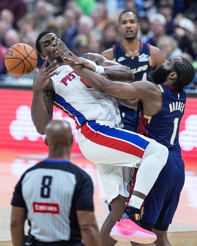 Cleveland Cavaliers guard James Harden (1) blocks Detroit Pistons center Jalen Duren (0) during the first half of Game 4 of second round of NBA playoffs at Rocket Arena in Cleveland on Monday, May 11, 2026.