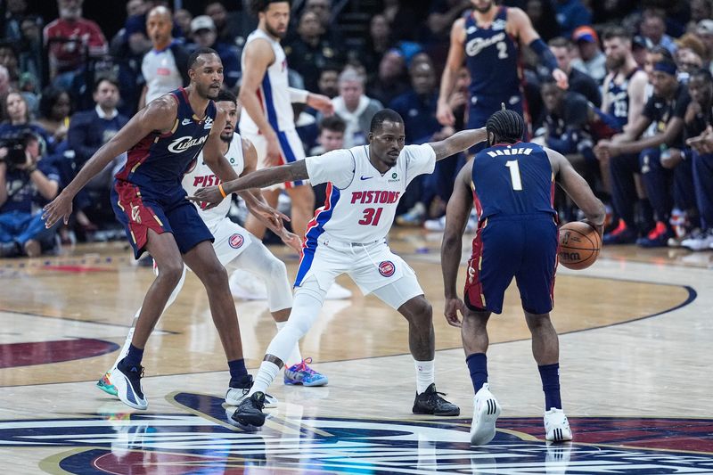 Detroit Pistons guard Javonte Green (31) defends Cleveland Cavaliers guard James Harden (1) during the first half of Game 4 of second round of NBA playoffs at Rocket Arena in Cleveland on Monday, May 11, 2026.