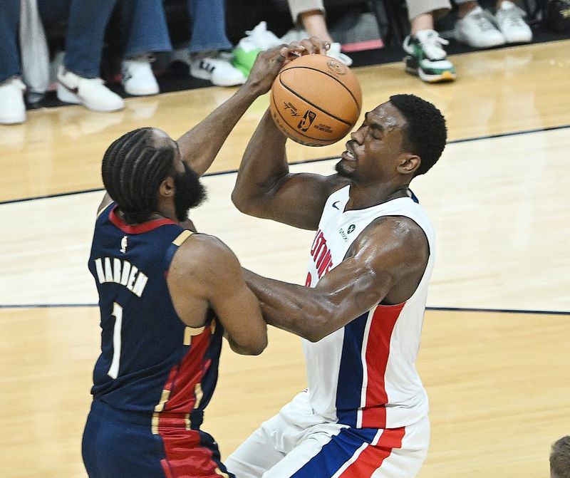 Cleveland Cavaliers guard James Harden (1) knocks the ball from Detroit Pistons center Jalen Duren (0) during the first half of Game 4 of the Eastern Conference Semifinal series at Rocket Arena in Cleveland, Monday, May 11, 2026, in Cleveland, Ohio.