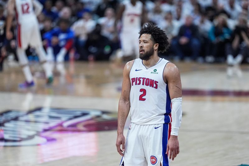 Detroit Pistons guard Cade Cunningham looks on after a play against the Cleveland Cavaliers during the second half of Game 4 of the second round of the NBA playoffs at Rocket Arena in Cleveland on Monday, May 11, 2026.