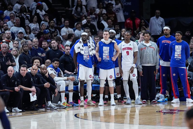 The Detroit Pistons bench watches the last seconds of the Game 4 loss, 112-103, against the Cleveland Cavaliers in the second round of the NBA playoffs at Rocket Arena in Cleveland on Monday, May 11, 2026.