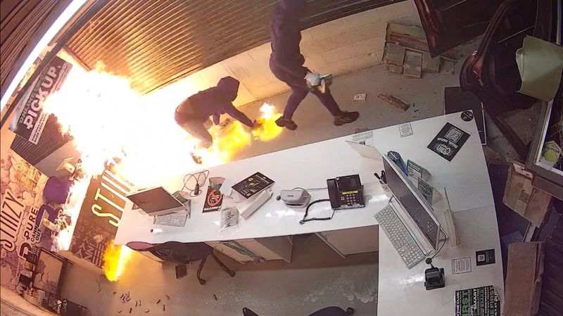 Surveillance footage from the Monroe County Sheriff’s Office shows two suspects accused of ramming a Jeep into Pure Cannabis on South Dixie Highway in Monroe around 1 a.m. Sunday, May 10, causing a fire.
