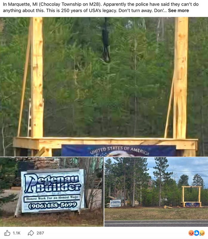 A screen grab showing one of many Facebook posts highlighting gallows constructed along M-28 east of Harvey, Michigan, in the Upper Peninsula.
