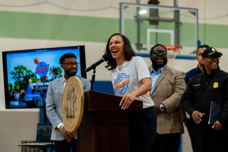 Detroit Mayor Mary Sheffield, smiles while speaking during a press conference announcing the city’s Occupy the Summer initiative alongside community partners at the Adams Butzel Complex in Detroit on Tuesday, May 12, 2026. The 10-week citywide program aims to provide youth with activities, mentorship and community resources throughout the summer to help curb violence and keep young Detroiters engaged.
