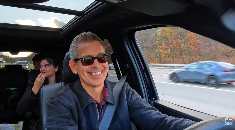 Transportation Secretary Sean Duffy driving in a trailer for his "Great American Road Trip" program, which has triggered a complaint from a progressive watchdog group about potential conflicts of interest.