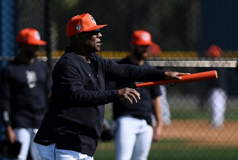 Major League coach Gary Jones gives instructions during pitchers infield practice at spring training in Lakeland, Fla. on February 23, 2024. 
(The Detroit News/Robin Buckson)