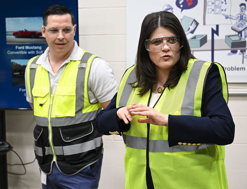 U.S. Rep. Haley Stevens, D-Birmingham, speaks to the employees of the Webasto Plymouth Plant during a May 1 tour of the manufacturing facility in Plymouth. Stevens' campaigns for Congress have long been aided by AIPAC, but a campaign finance loophole is helping the pro-Israel group aid her campaign for Senate without having its name attached to the donations.