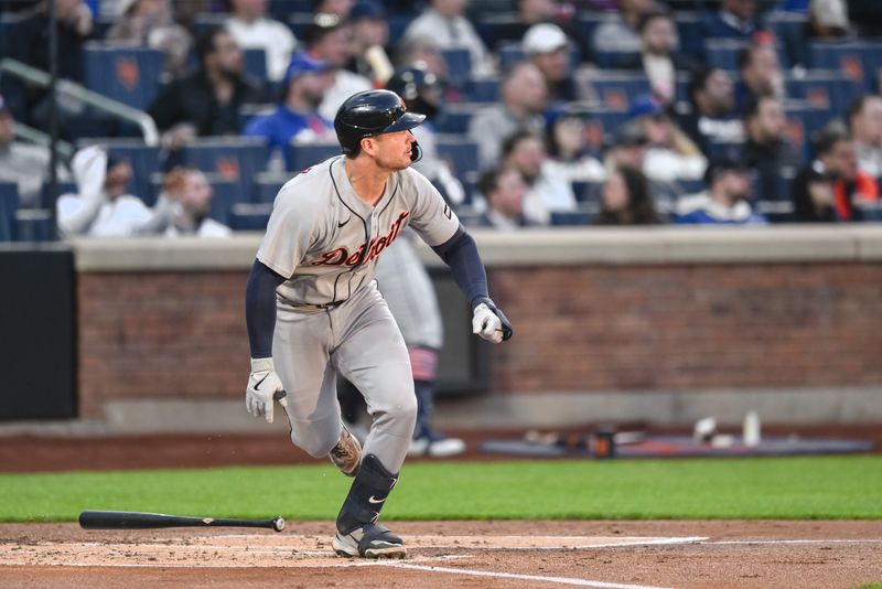 May 12, 2026; New York City, New York, USA; Detroit Tigers catcher Dillon Dingler (13) reacts after hitting a solo home run against the New York Mets during the second inning at Citi Field. Mandatory Credit: John Jones-Imagn Images
