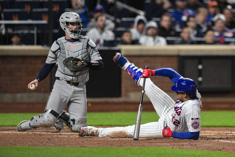 New York Mets left fielder Juan Soto (22) reacts after a pitch high and inside during the fourth inning against the Detroit Tigers at Citi Field.