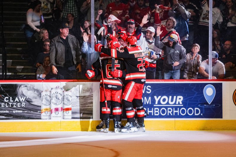 Grand Rapids Griffins celebrate during a game against the Manitoba Moose on May 8, 2026 at Van Andel Arena in Grand Rapids, Mich.