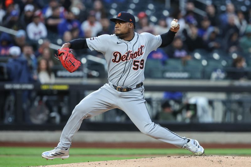 Detroit Tigers starting pitcher Framber Valdez (59) pitches in the first inning against the New York Mets at Citi Field in New York on Wednesday, May 13, 2026.
