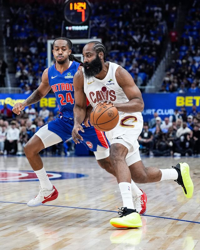 Cleveland Cavaliers guard James Harden (1) dribbles against Detroit Pistons guard Daniss Jenkins (24) during the first half of Game 5 of second round of NBA playoffs at Little Caesars Arena in Detroit on Wednesday, May 13, 2026.