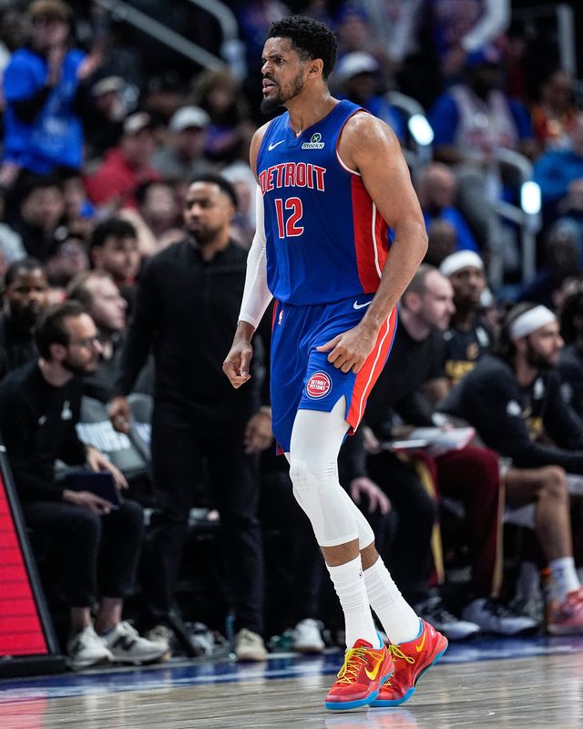 Detroit Pistons forward Tobias Harris celebrates a play against the Cleveland Cavaliers during the first half of Game 5 of the second round of the NBA playoffs at Little Caesars Arena in Detroit on Wednesday, May 13, 2026.