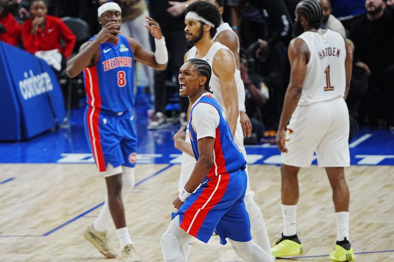 Detroit Pistons guard/forward Ausar Thompson reacts to a non-call after being tripped by Cleveland Cavaliers center Jarrett Allen (31) at the end of the fourth quarter of Game 5 of the second round of the NBA playoffs at Little Caesars Arena in Detroit, Wednesday, May 13, 2026.