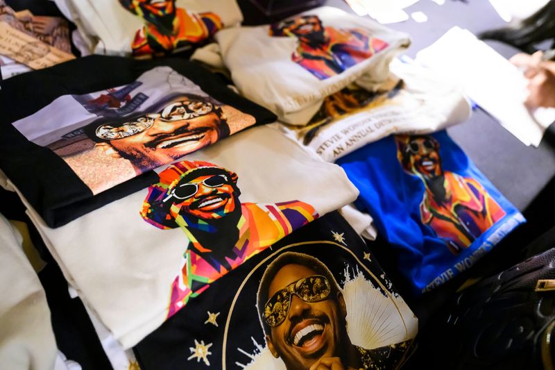 T-shirts are available for sale during “The Love Gala,” a black-tie event honoring Stevie Wonder, on Wednesday, May 13, 2026 at the AC Hotel Detroit at the Bonstelle in Detroit.