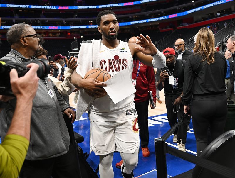 Cleveland Cavaliers guard Donovan Mitchell (45) walks off the court after the game. Detroit Pistons vs Cleveland Cavaliers, Eastern Conference Semi-Finals, Game 5, at Little Caesars Arena on Wednesday, May 13, 2026, in Detroit, MI