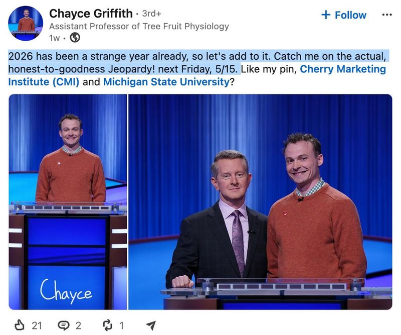 Chayce Griffith, left and far right, shared news of his upcoming "Jeopardy!" appearance on his LinkedIn profile.