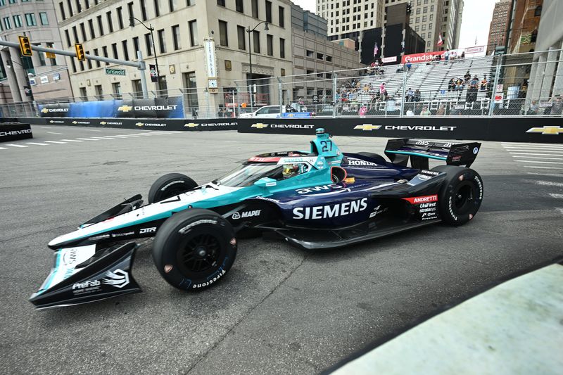 Kyle Kirkwood, shown here en route to winning the Detroit Grand Prix last summer, is second in the IndyCar Series points standings.