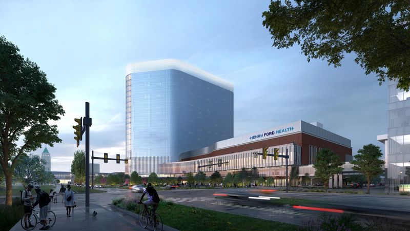 A rendering of how the new Henry Ford Hospital will look when finished in 2029.
