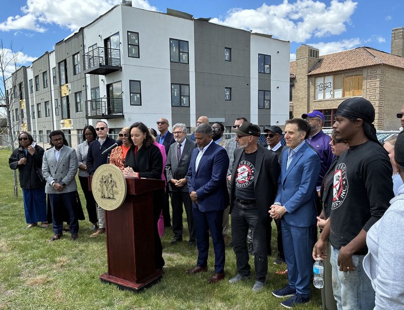 Detroit Mayor Mary Sheffield, surrounded by city officials and community leaders, speaks outside the Johnson Recreation Center on Thursday, May 14, 2026 to tout the city's third straight year of population growth.