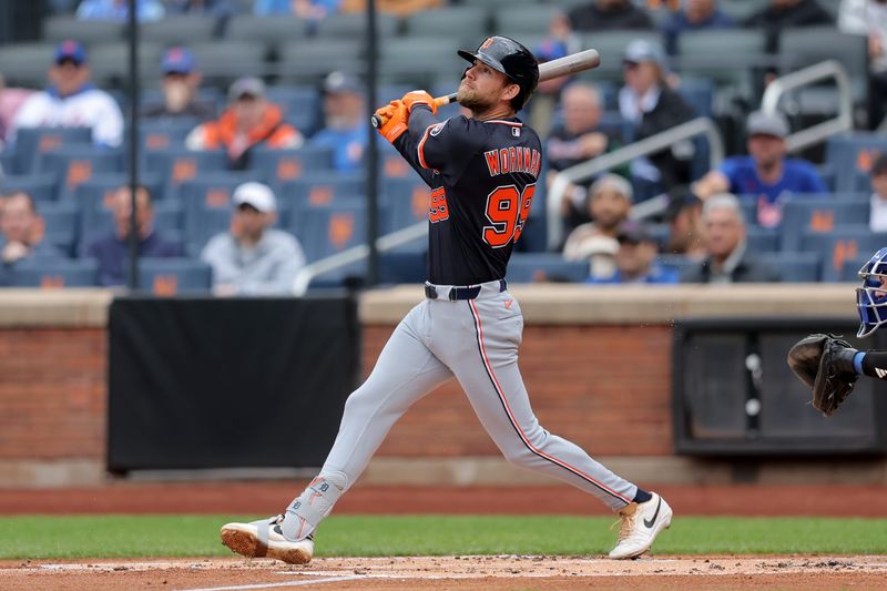 Detroit Tigers second baseman Gage Workman (99) watches his three-run home run against the New York Mets during the first inning at Citi Field in New York on Thursday, May 14, 2026.