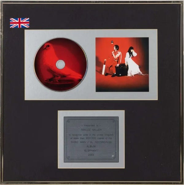 This Gold Sales Award for The White Stripes' 2003 studio album "Elephant" is one of 11 items related to the Detroit band now up for bid as part of Julien's Auction's Music Icons event.
