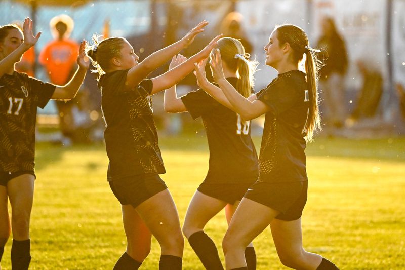 DeWitt's Ella Rogers, right celebrates her goal with Madison McCarthy during the second half in the CAAC Gold Cup final against Mason on Thursday, May 14, 2026, in DeWitt.