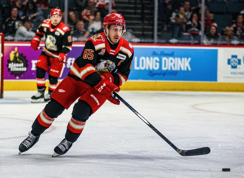 Grand Rapids' Dominik Shine carries the puck during a 2-1 loss against the Wolves in Game 1 of the Central Division final at Van Andel Arena in Grand Rapids on Thursday.
